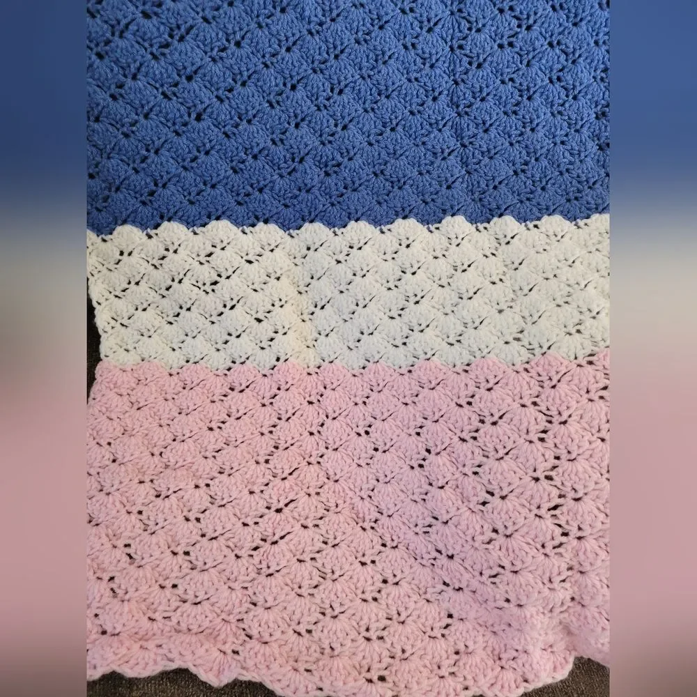 Crochet shells blue/white/pink handcrafted throw blanket size 46 x 42 inches